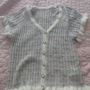 White Knit Button-Front Short Sleeve Blouse with Pastel Speckle